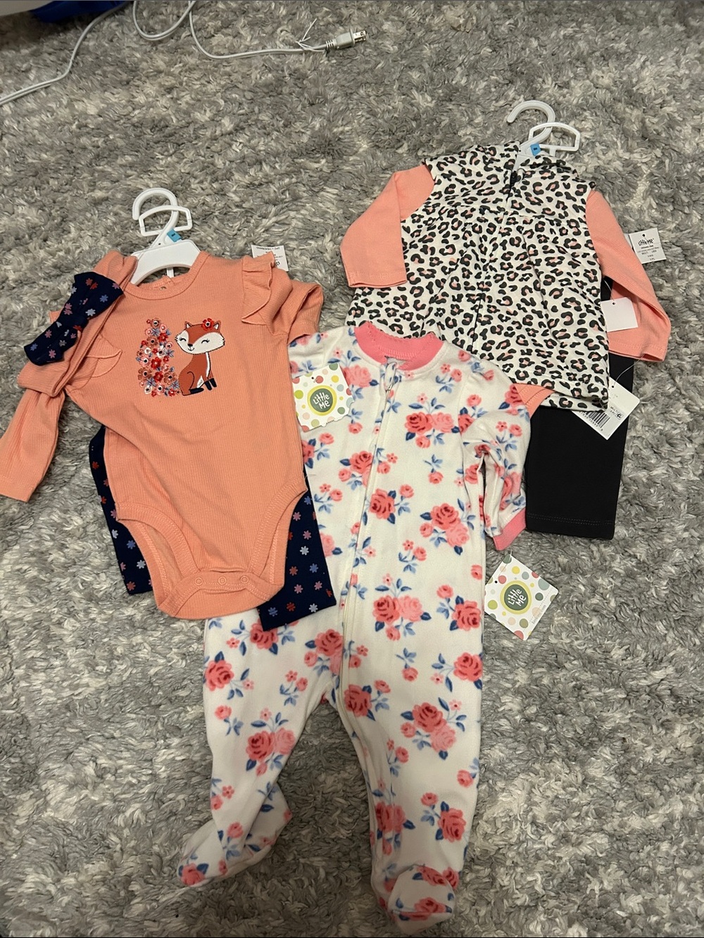 Little Me Peach Fox Appliqué Long-Sleeve Onesie with Navy Floral Accents
